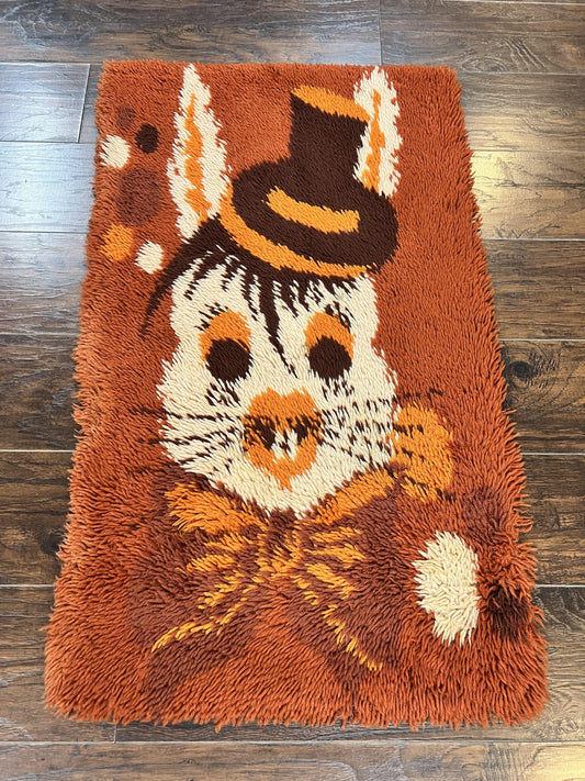 Rya Shag Rug 2x4, Rabbit in Top Hat, Wool, Orange, Vintage 1960s Danish Shag Rug - Nuvé
