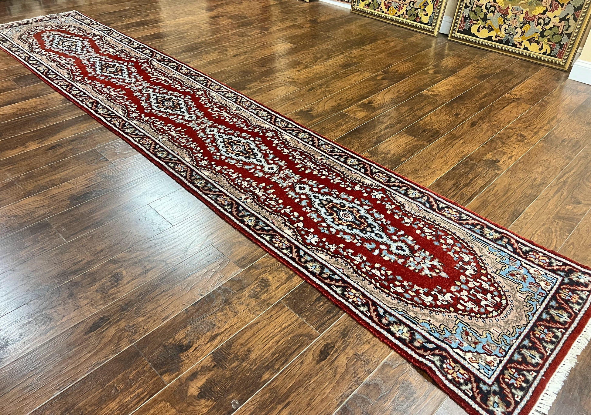 Indo Persian Runner Rug 2.8 x 14.8, Long Indo Kirman Hallway Rug, Red Floral Wool Vintage Handmade Oriental Runner - Nuvé