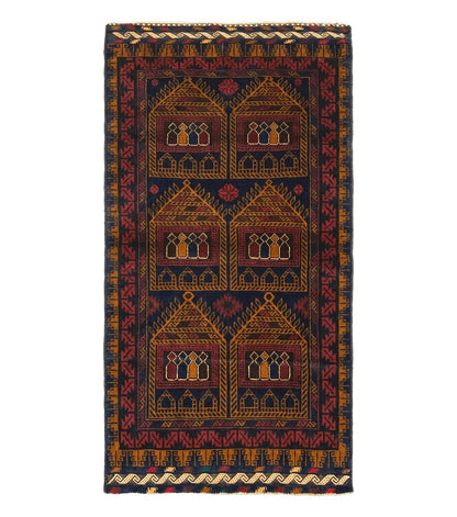 Afghan Rug 3x7, Navy Blue, Tribal Rug, Balouch Carpet, New