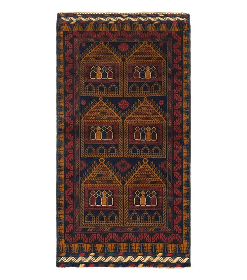Afghan Rug 3x7, Navy Blue, Tribal Rug, Balouch Carpet, New