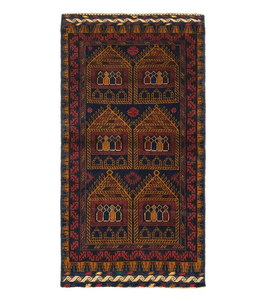 Afghan Rug 3x7, Navy Blue, Tribal Rug, Balouch Carpet, New