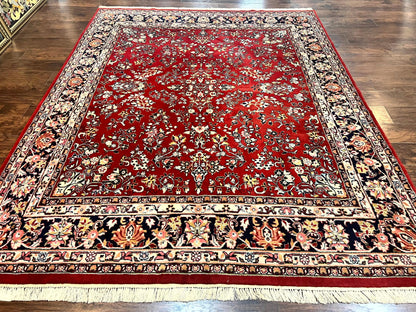 Indo Persian Sarouk Rug 8x10, Red, Floral Allover, Handmade Vintage Wool Carpet, Traditional Rug - Nuvé