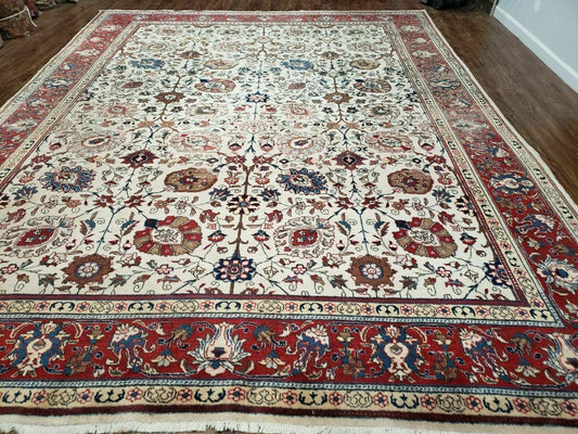 Antique Persian Tabriz Rug 9x12, Hand Knotted Oriental Carpet 9 x 12 ft, Vintage Wool Room Sized Rug, Cream and Red, Floral Allover Handmade Rug - Nuvé