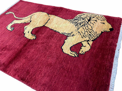 3 X 5 Handmade Hand-Knotted Quality Wool Rug Lion Red Veg Dyes Tribal Pictorial - Nuvé