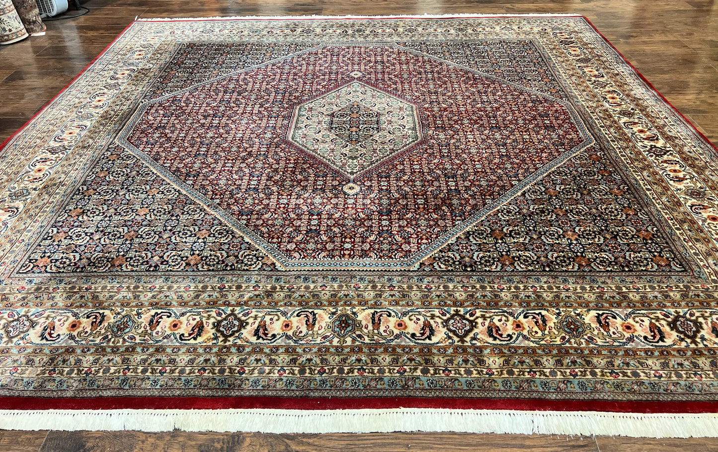 Square Indo Persian Bidjar Rug 10x10, Red, Handmade Vintage Wool Carpet - Nuvé