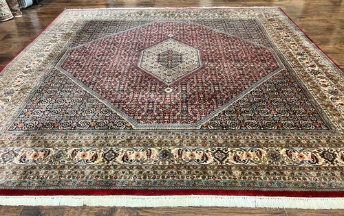 Square Indo Persian Bidjar Rug 10x10, Red, Handmade Vintage Wool Carpet - Nuvé
