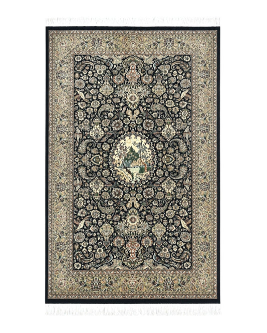 Pak Persian Rug 4x6, Wool Hand Knotted Vintage Carpet, Black & Olive Green, Bird Pictorials, Floral Fine Oriental Rug