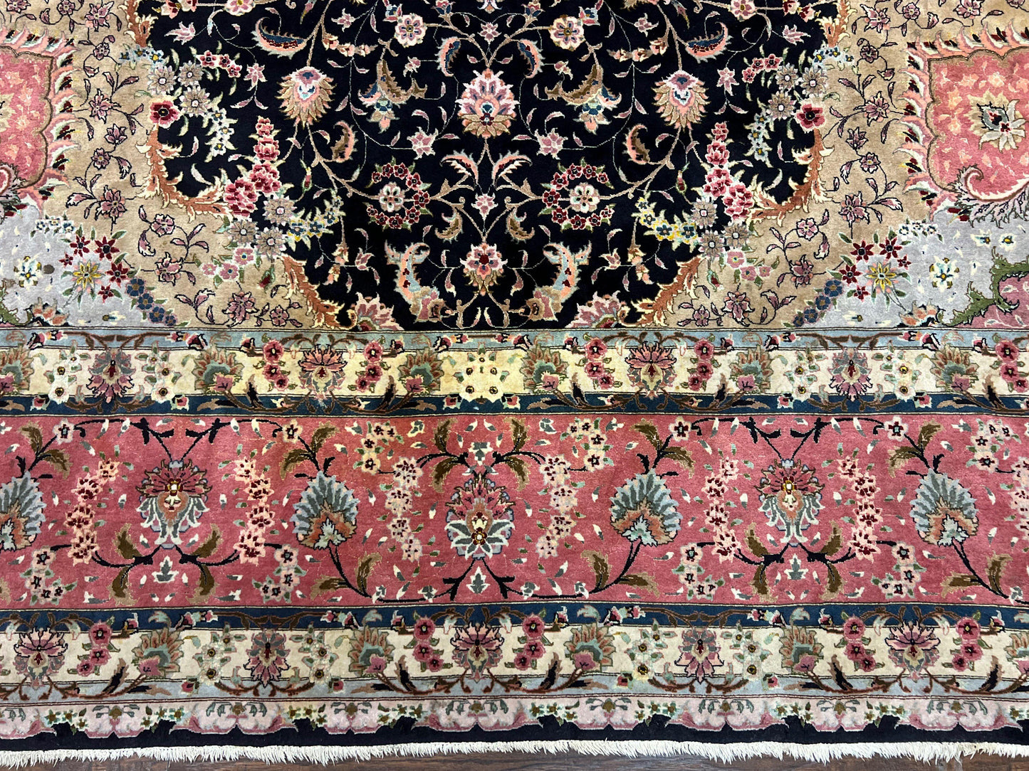 Magnificent Persian Tabriz Rug 11x16, Oversized Persian Carpet 11 x 16 ft, Wool on Silk Finely Hand Knotted, 450 KPSI, Floral Medallion, Black Pink - Nuvé