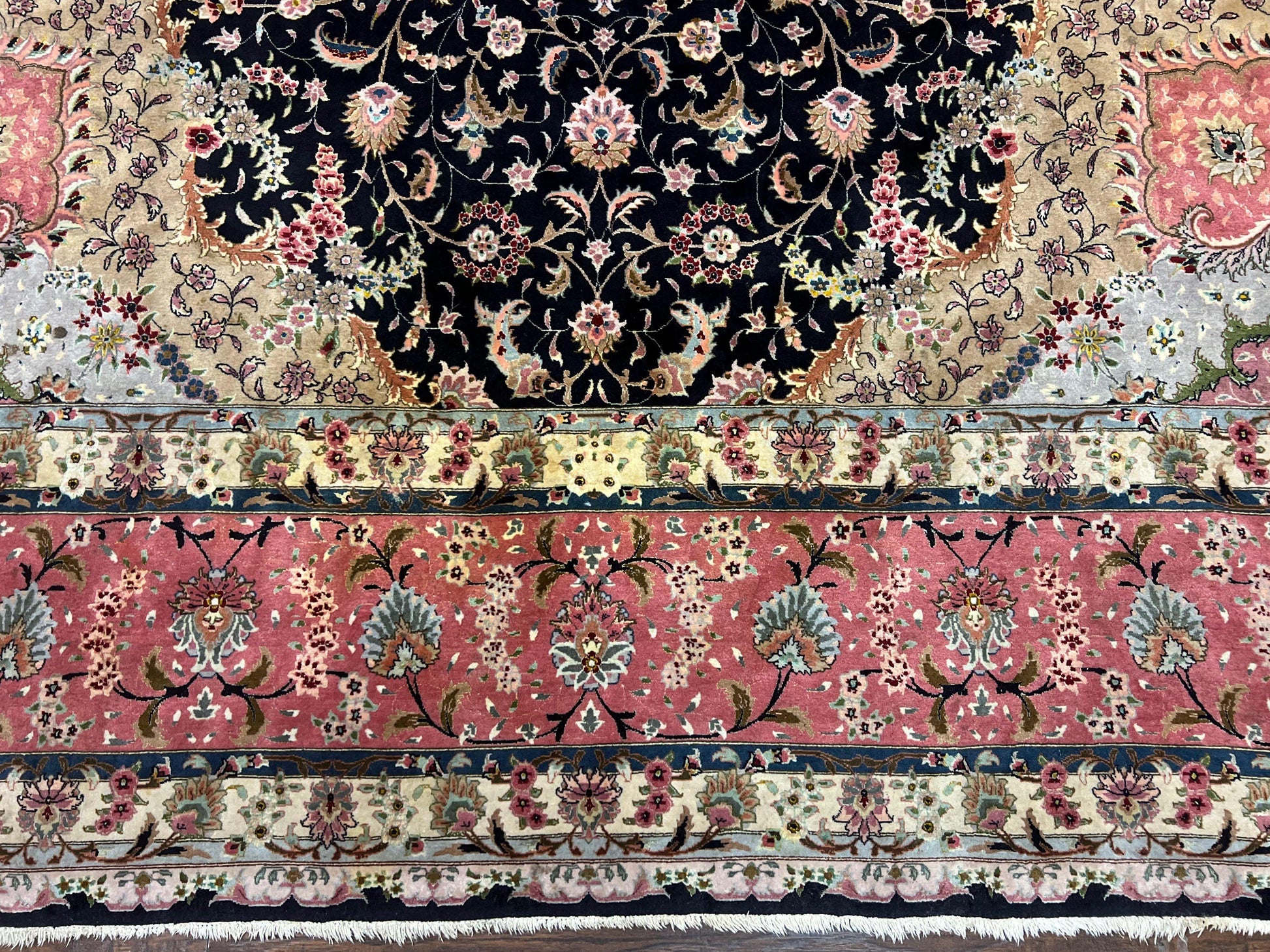 Magnificent Persian Tabriz Rug 11x16, Oversized Persian Carpet 11 x 16 ft, Wool on Silk Finely Hand Knotted, 450 KPSI, Floral Medallion, Black Pink - Nuvé
