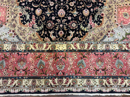 Magnificent Persian Tabriz Rug 11x16, Oversized Persian Carpet 11 x 16 ft, Wool on Silk Finely Hand Knotted, 450 KPSI, Floral Medallion, Black Pink - Nuvé
