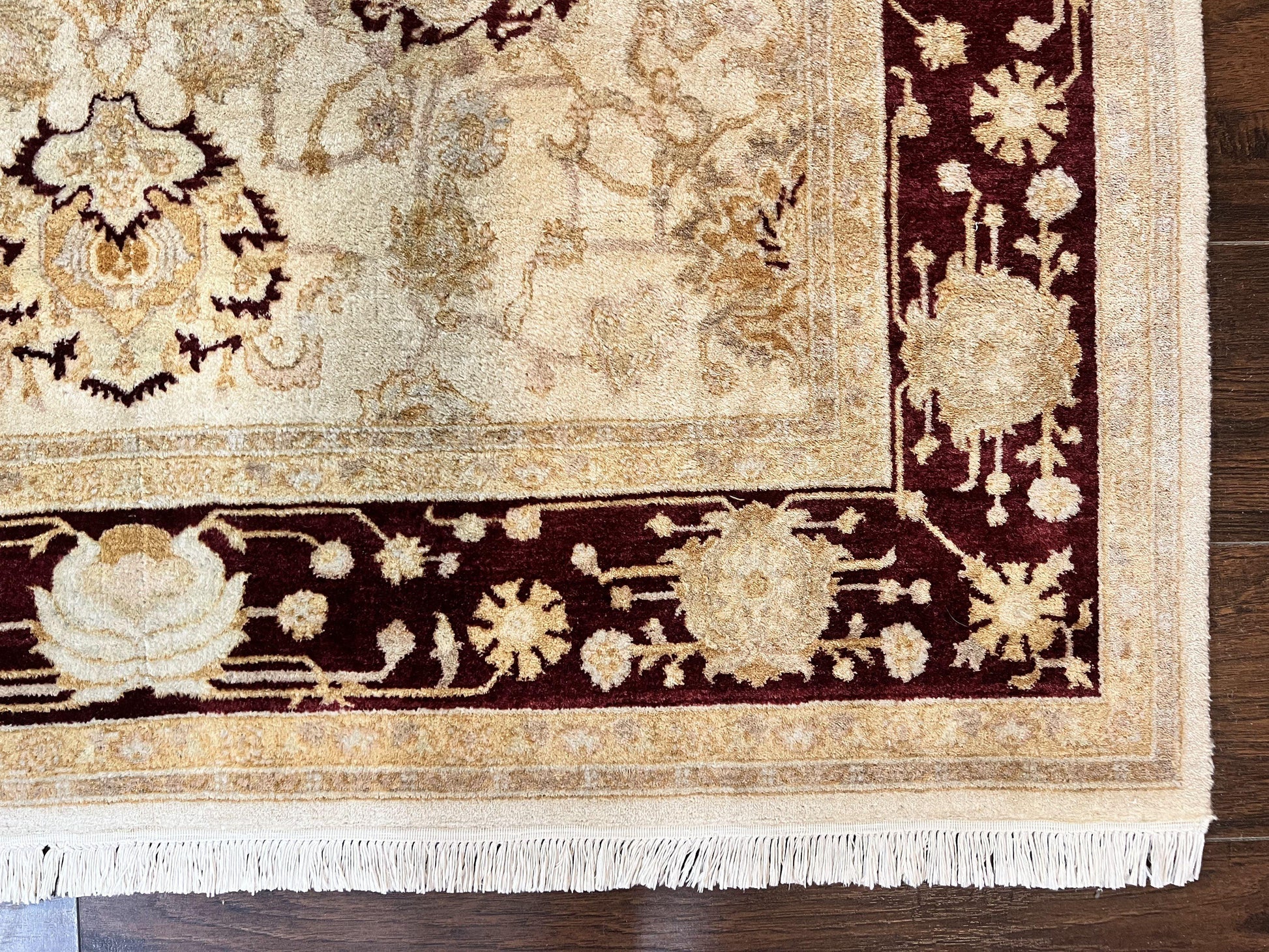 Peshawar Rug 5x7, Beige and Maroon, Vintage Handmade Wool Traditional Carpet 5 x 7 ft, Pakistani Rug, Agra Pattern, Very Fine 260 KPSI - Nuvé