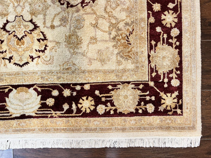 Peshawar Rug 5x7, Beige and Maroon, Vintage Handmade Wool Traditional Carpet 5 x 7 ft, Pakistani Rug, Agra Pattern, Very Fine 260 KPSI - Nuvé