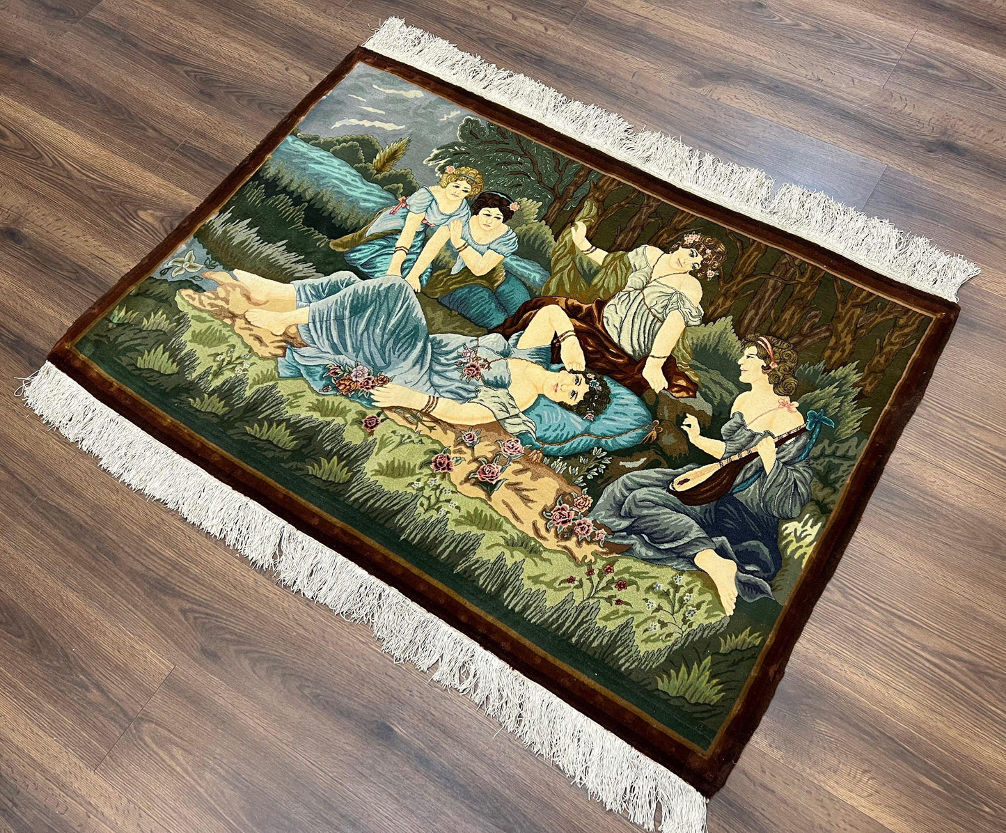 Persian Tabriz Pictorial Rug 5x3, Women Laying By River, Super Fine 60 Raj 480+ KPSI, Hand Knotted Wool Rug, Semi Antique Vintage Oriental Carpet - Nuvé
