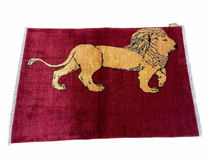 3 X 5 Handmade Hand-Knotted Quality Wool Rug Lion Red Veg Dyes Tribal Pictorial - Nuvé