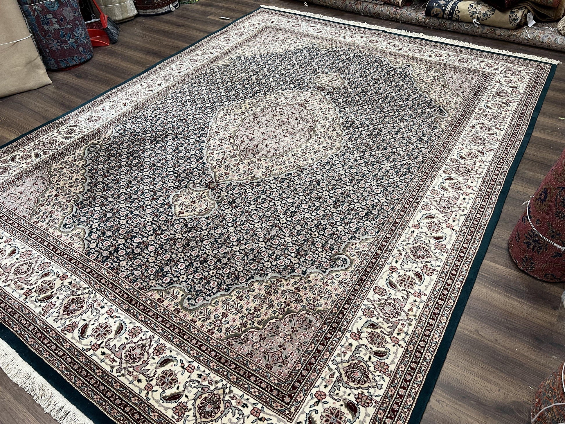 Sino Persian Rug 9x12, Dark Green and Ivory, Medallion, Mahi Herati, Elegant Oriental Carpet, Wool Hand Knotted Traditional Room Sized Rug - Nuvé