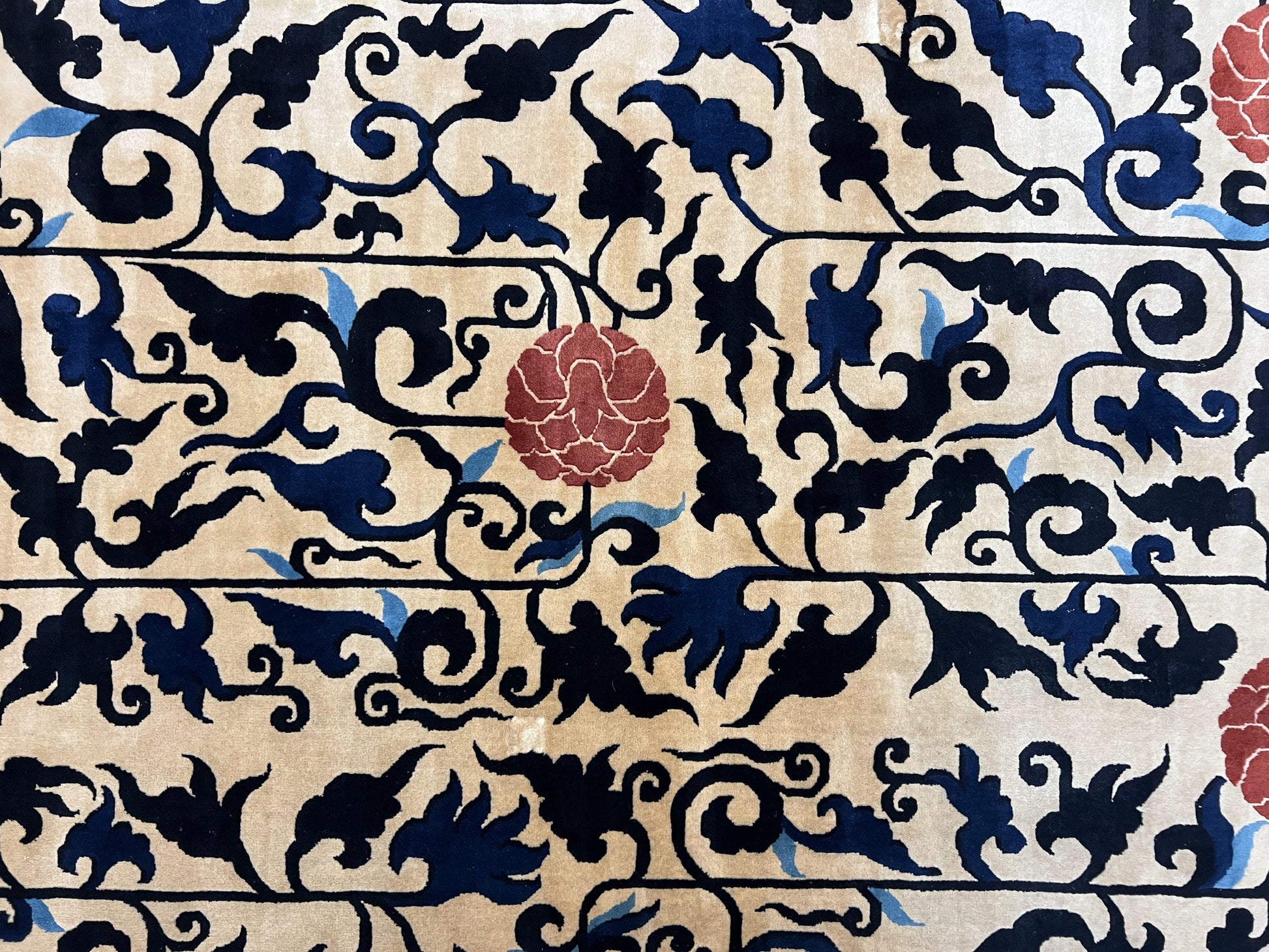Antique Chinese Peking Rug 10x14, Beige Black, Handmade Wool Art Deco Carpet - Nuvé