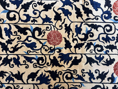 Antique Chinese Peking Rug 10x14, Beige Black, Handmade Wool Art Deco Carpet - Nuvé