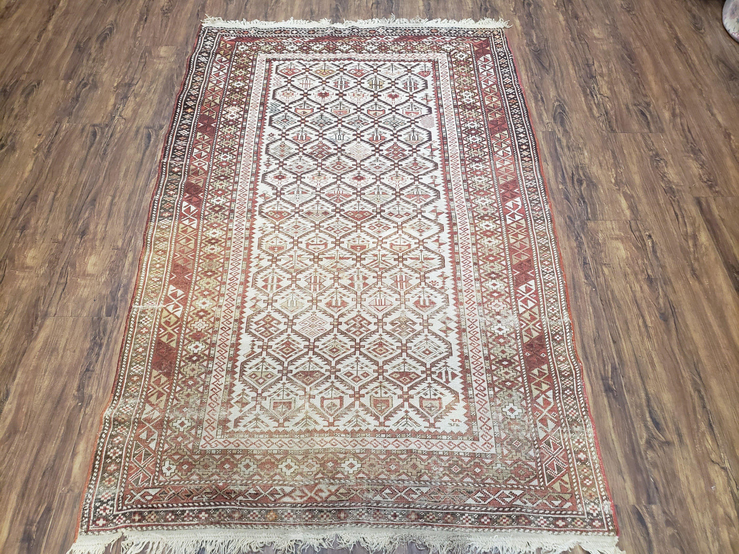 Antique Caucasian Shirvan Rug 4x6, Dagestan Area Rug, Wool Hand-Knotted Soft Red & Ivory 1920s Oriental Carpet, Soft Muted Colors - Nuvé