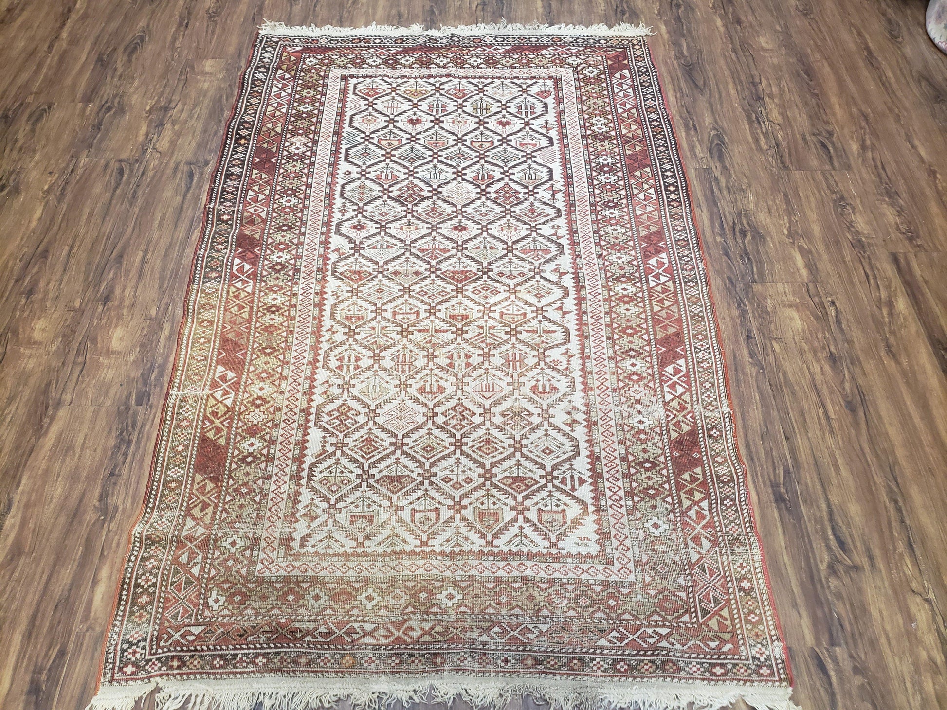 Antique Caucasian Shirvan Rug 4x6, Dagestan Area Rug, Wool Hand-Knotted Soft Red & Ivory 1920s Oriental Carpet, Soft Muted Colors - Nuvé