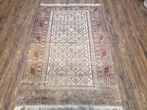 Antique Caucasian Shirvan Rug 4x6, Dagestan Area Rug, Wool Hand-Knotted Soft Red & Ivory 1920s Oriental Carpet, Soft Muted Colors - Nuvé