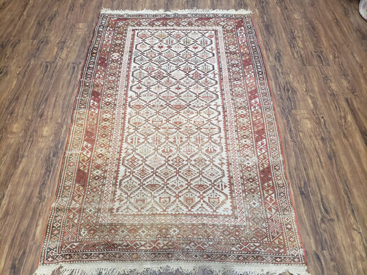 Antique Caucasian Shirvan Rug 4x6, Dagestan Area Rug, Wool Hand-Knotted Soft Red & Ivory 1920s Oriental Carpet, Soft Muted Colors - Nuvé