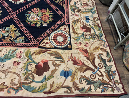 Palace Size Needlepoint Rug 12x20, European French English Aubusson Floral Design, Black and Beige - Nuvé