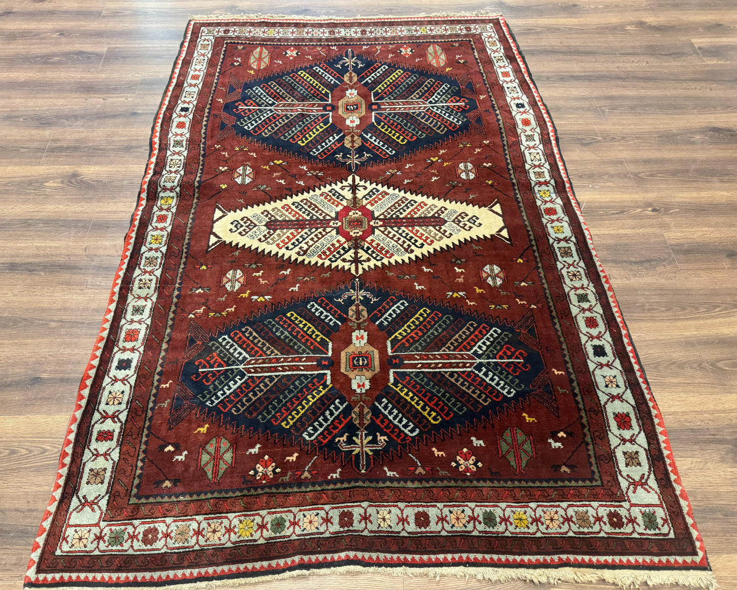 Antique Persian Tribal Rug 5 x 7.8, Triple Medallions, Red, Persian Afshar Rug - Nuvé