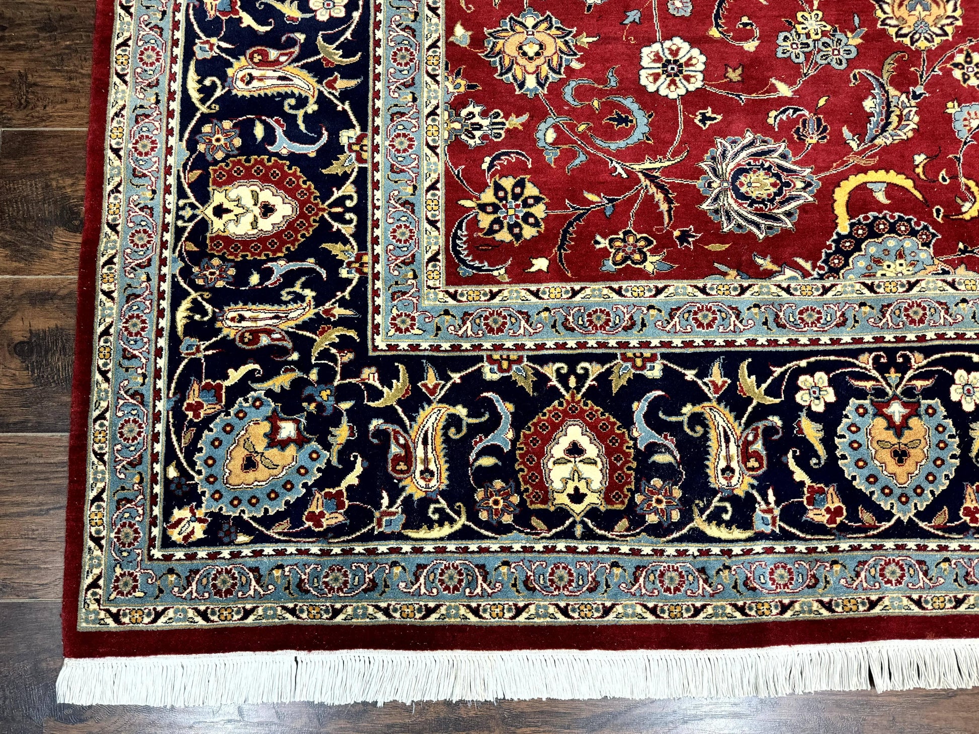 Pak Persian Rug 9x12, Red and Navy Blue, Floral Allover, Hand Knotted Vintage Wool Carpet, Fine 260 KPSI - Nuvé