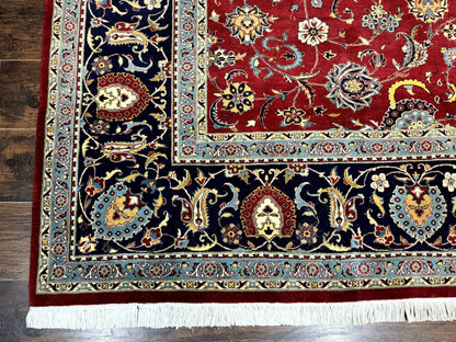 Pak Persian Rug 9x12, Red and Navy Blue, Floral Allover, Hand Knotted Vintage Wool Carpet, Fine 260 KPSI - Nuvé