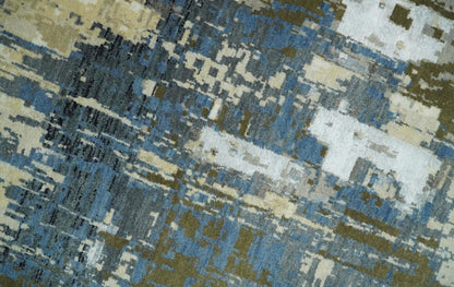 9x12 Fine Hand Knotted Beige and Blue Modern Abstract Style Antique Wool and Silk Area Rug | AGR31 - Nuvé