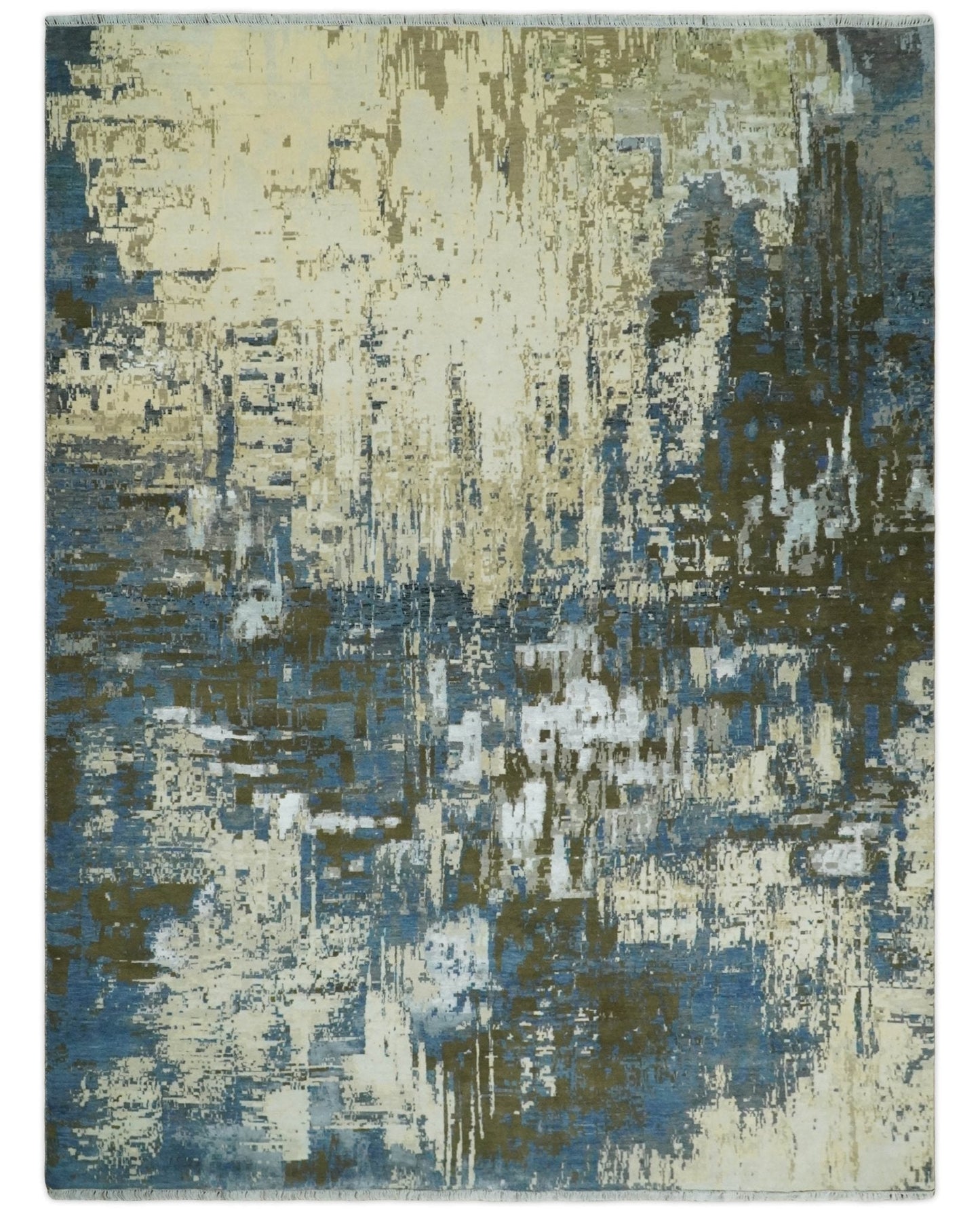9x12 Fine Hand Knotted Beige and Blue Modern Abstract Style Antique Wool and Silk Area Rug | AGR31 - Nuvé