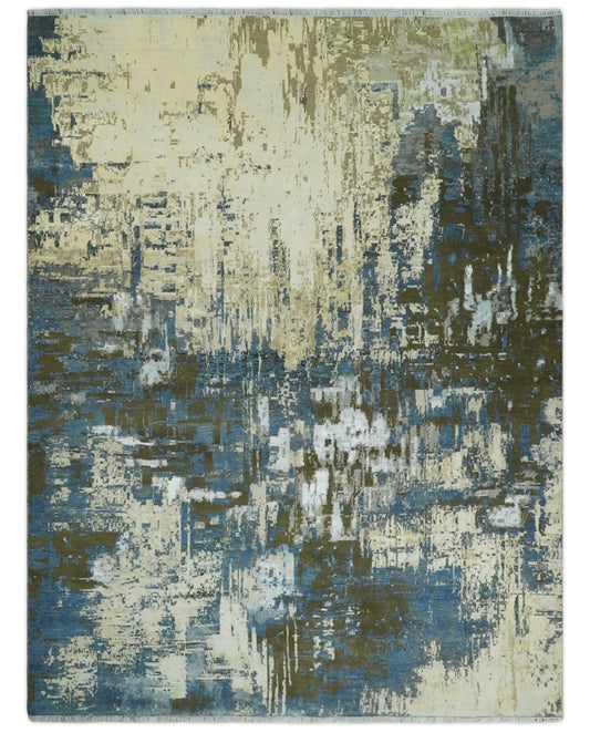 9x12 Fine Hand Knotted Beige and Blue Modern Abstract Style Antique Wool and Silk Area Rug | AGR31 - Nuvé