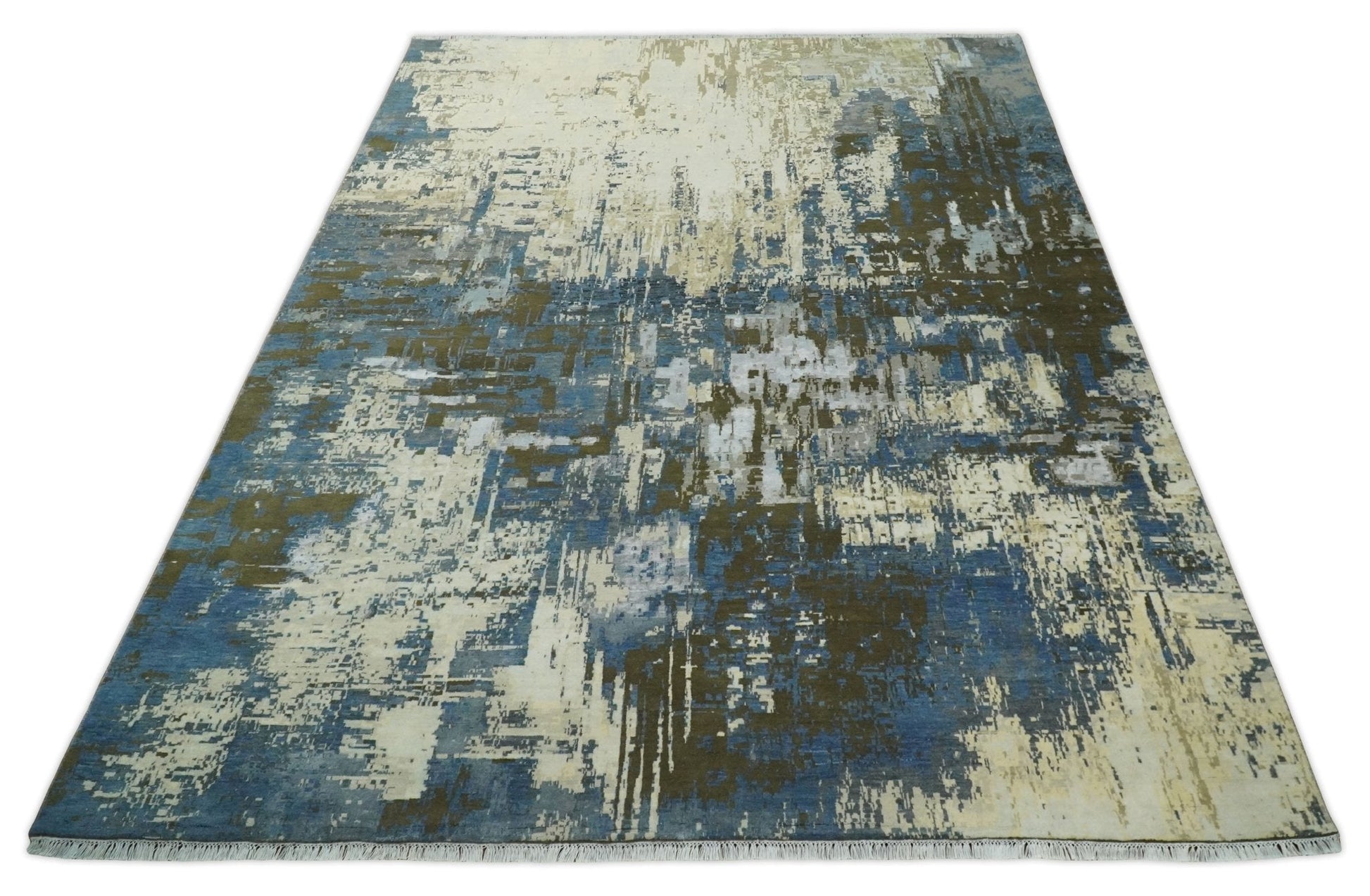 9x12 Fine Hand Knotted Beige and Blue Modern Abstract Style Antique Wool and Silk Area Rug | AGR31 - Nuvé