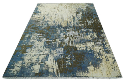 9x12 Fine Hand Knotted Beige and Blue Modern Abstract Style Antique Wool and Silk Area Rug | AGR31 - Nuvé
