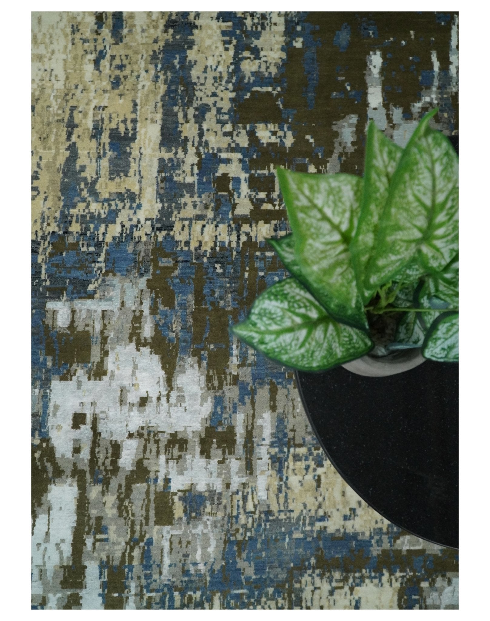 9x12 Fine Hand Knotted Beige and Blue Modern Abstract Style Antique Wool and Silk Area Rug | AGR31 - Nuvé