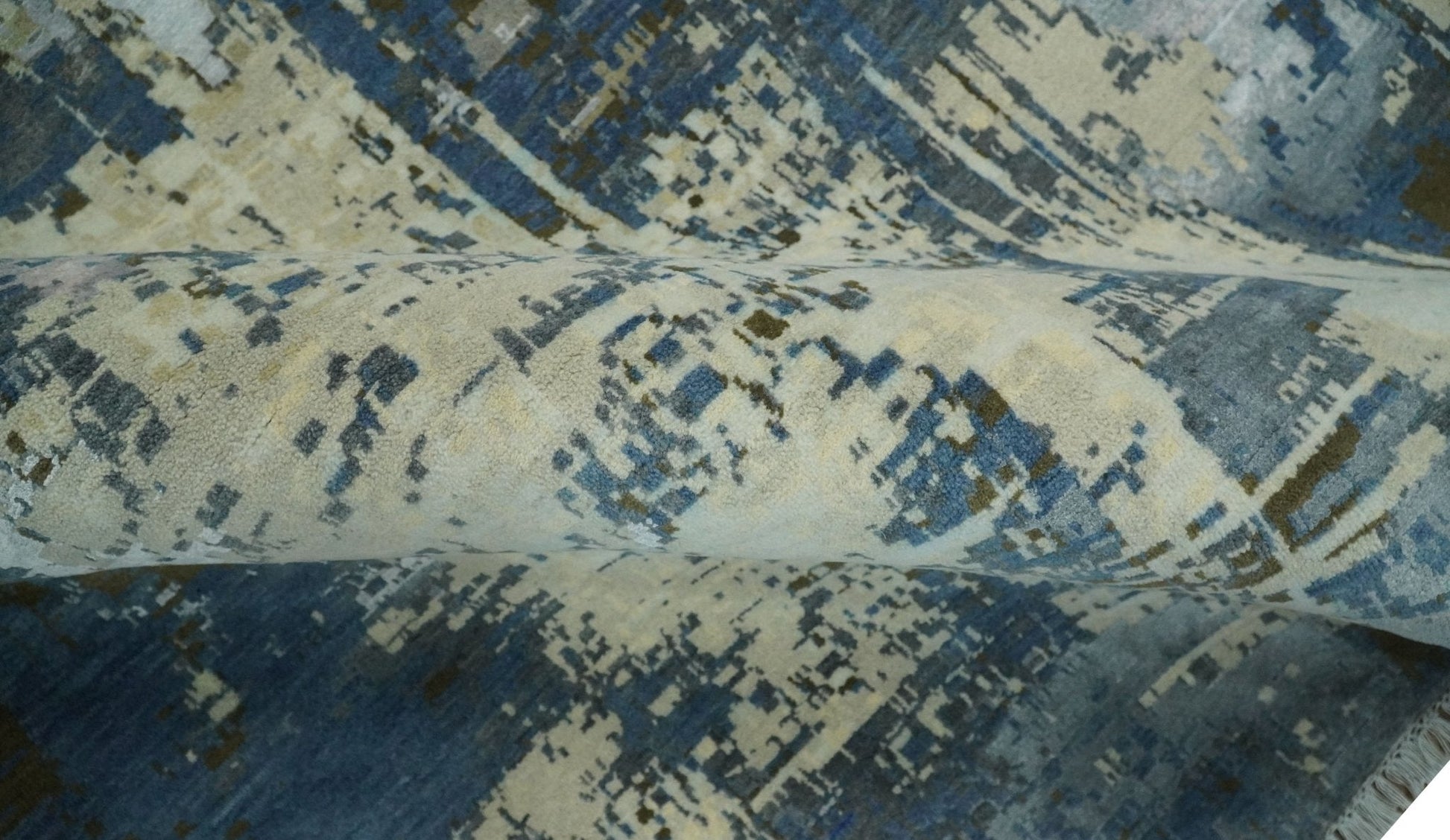 9x12 Fine Hand Knotted Beige and Blue Modern Abstract Style Antique Wool and Silk Area Rug | AGR31 - Nuvé