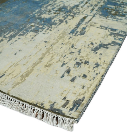 9x12 Fine Hand Knotted Beige and Blue Modern Abstract Style Antique Wool and Silk Area Rug | AGR31 - Nuvé
