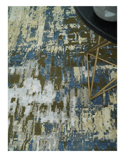 9x12 Fine Hand Knotted Beige and Blue Modern Abstract Style Antique Wool and Silk Area Rug | AGR31 - Nuvé