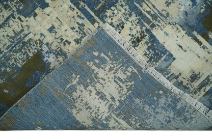 9x12 Fine Hand Knotted Beige and Blue Modern Abstract Style Antique Wool and Silk Area Rug | AGR31 - Nuvé