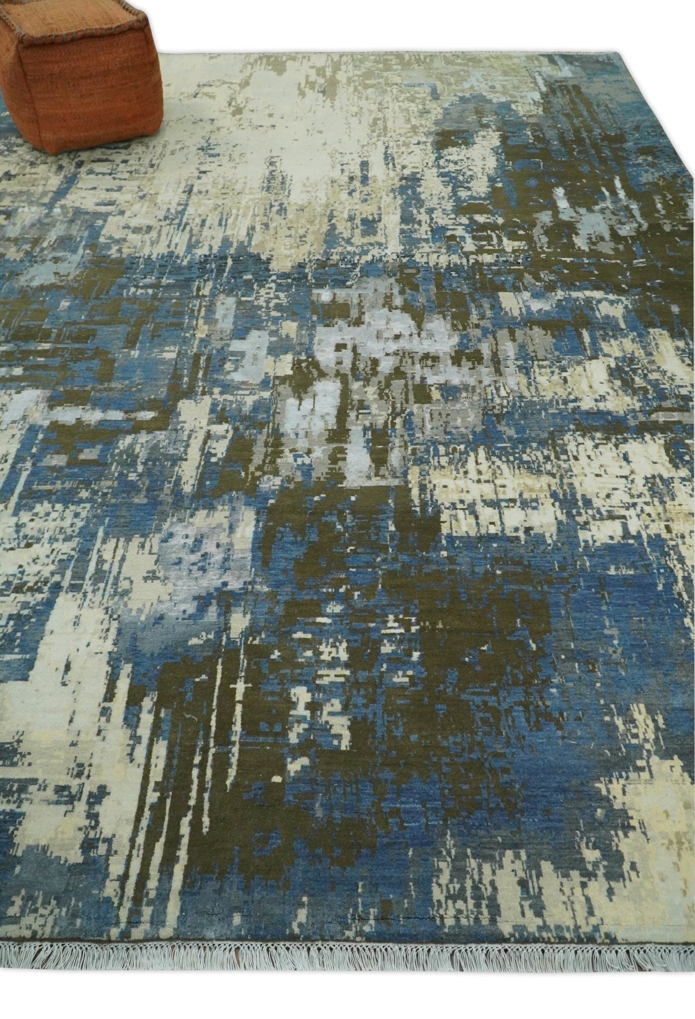 9x12 Fine Hand Knotted Beige and Blue Modern Abstract Style Antique Wool and Silk Area Rug | AGR31 - Nuvé