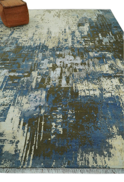 9x12 Fine Hand Knotted Beige and Blue Modern Abstract Style Antique Wool and Silk Area Rug | AGR31 - Nuvé