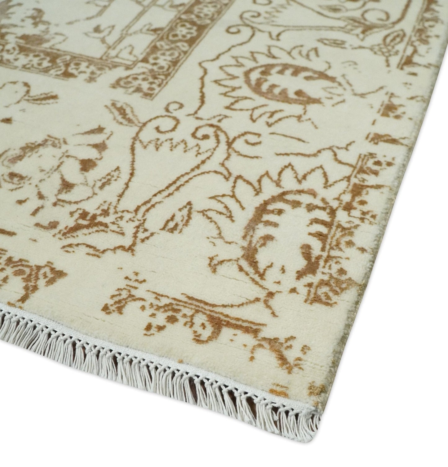 9x12 Fine Hand Knotted Beige and Brown Traditional Vintage Persian Style Antique Wool and Silk Rug | AGR46 - Nuvé