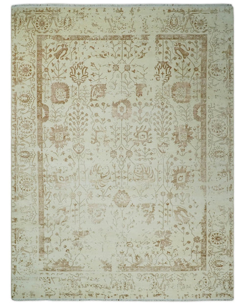 9x12 Fine Hand Knotted Beige and Brown Traditional Vintage Persian Style Antique Wool and Silk Rug | AGR46 - Nuvé