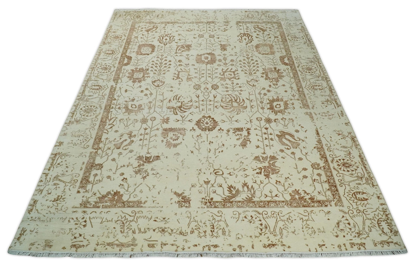 9x12 Fine Hand Knotted Beige and Brown Traditional Vintage Persian Style Antique Wool and Silk Rug | AGR46 - Nuvé
