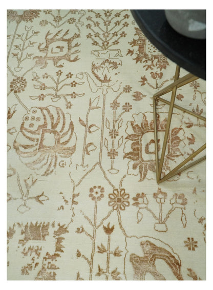 9x12 Fine Hand Knotted Beige and Brown Traditional Vintage Persian Style Antique Wool and Silk Rug | AGR46 - Nuvé