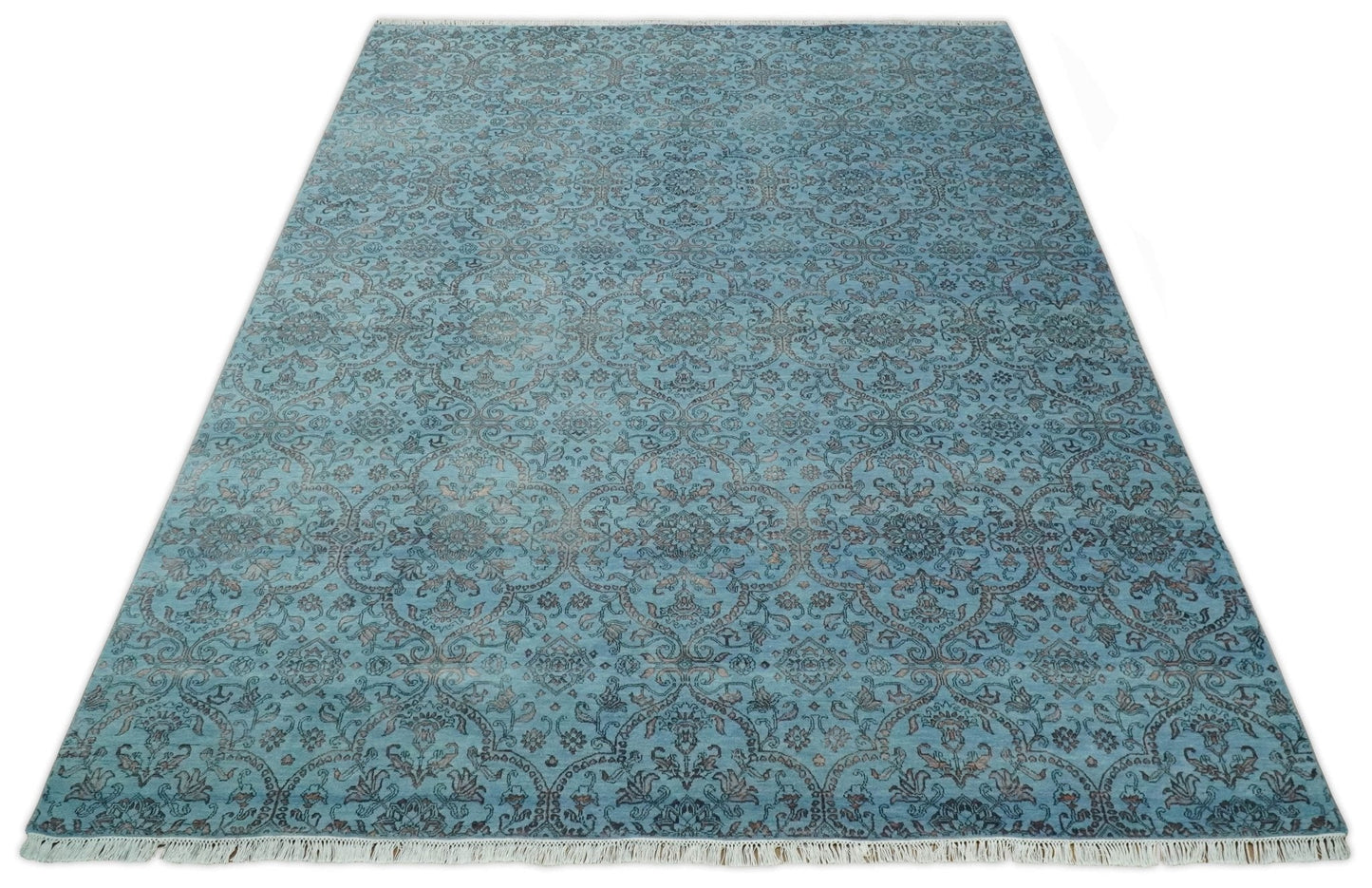 9x12 Fine Hand Knotted Blue and Brown Traditional Vintage Persian Wool and Silk Area Rug | AGR32 - Nuvé