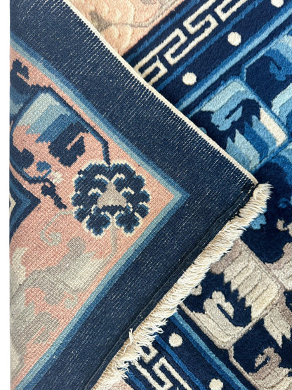Hand-Knotted Antique Chinese Peking Wool Rug – 5’6” x 7’6” – Full Pile Navy and Cream Design - Nuvé