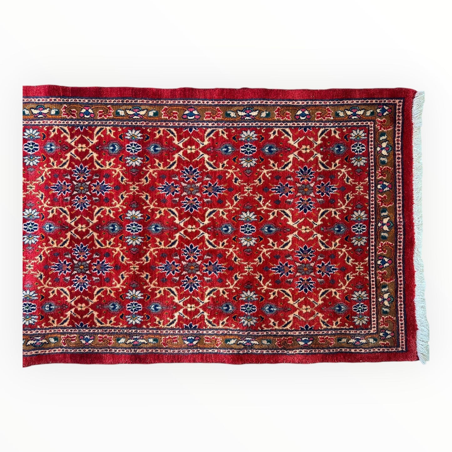 Vintage Mashhad Wool Runner – 3’3” x 8’4” – 1970s, Rich Red with Blue & Beige Accents - Nuvé