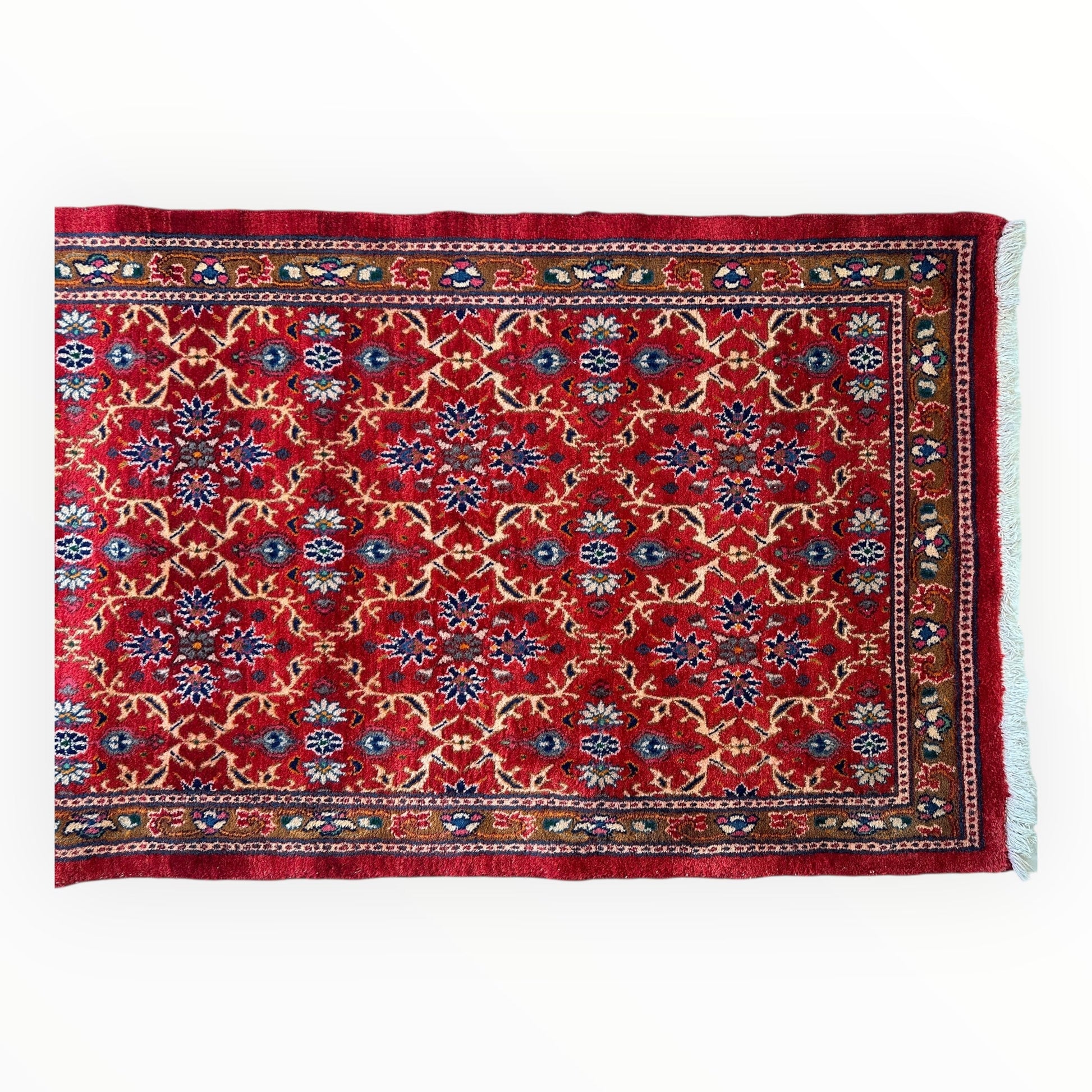 Vintage Mashhad Wool Runner – 3’3” x 8’4” – 1970s, Rich Red with Blue & Beige Accents - Nuvé