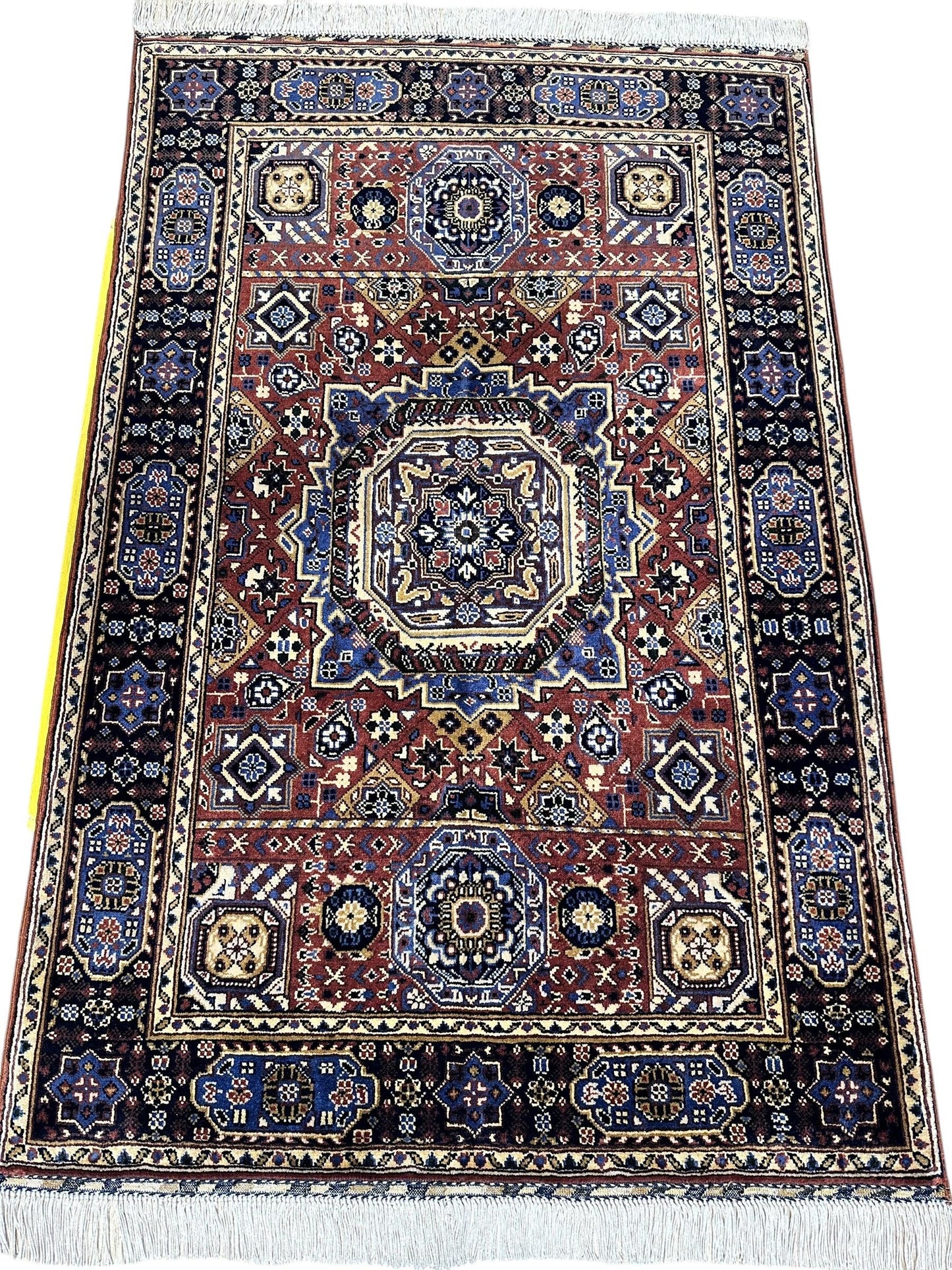 Hand-knotted Afghani Wool Rug by Rugistan featuring blue and brown Mamluk patterns, measuring 40x62 inches.